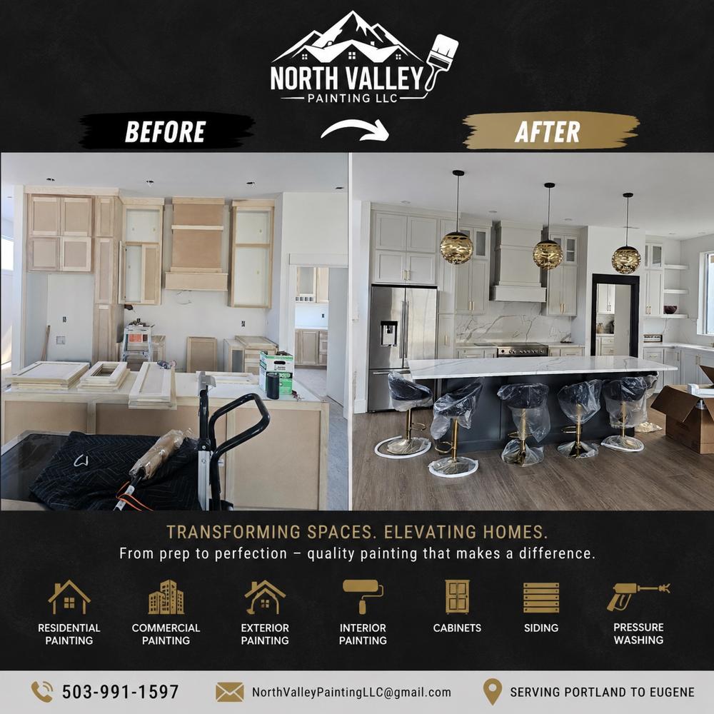 Before and after of a kitchen with newly painted cabinets